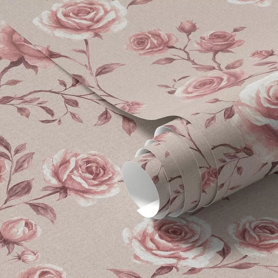 wall murals Powdery roses on beige — vintage pattern a00497
