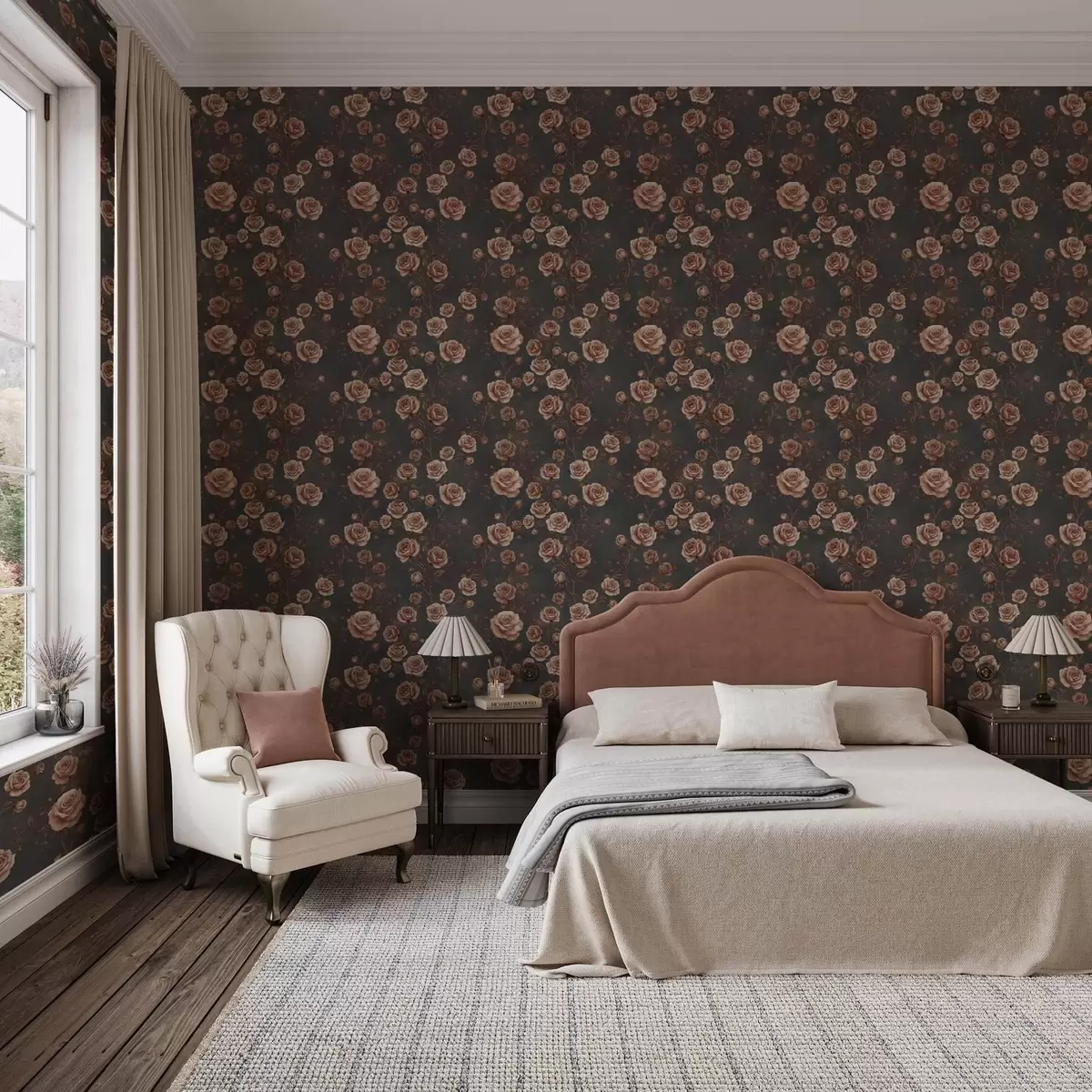 Wallpaper Vintage roses on a graphite background, terracotta palette a00497v1