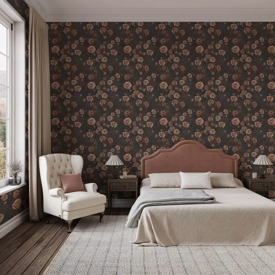 wall murals Vintage roses on a graphite background, terracotta palette a00497v1