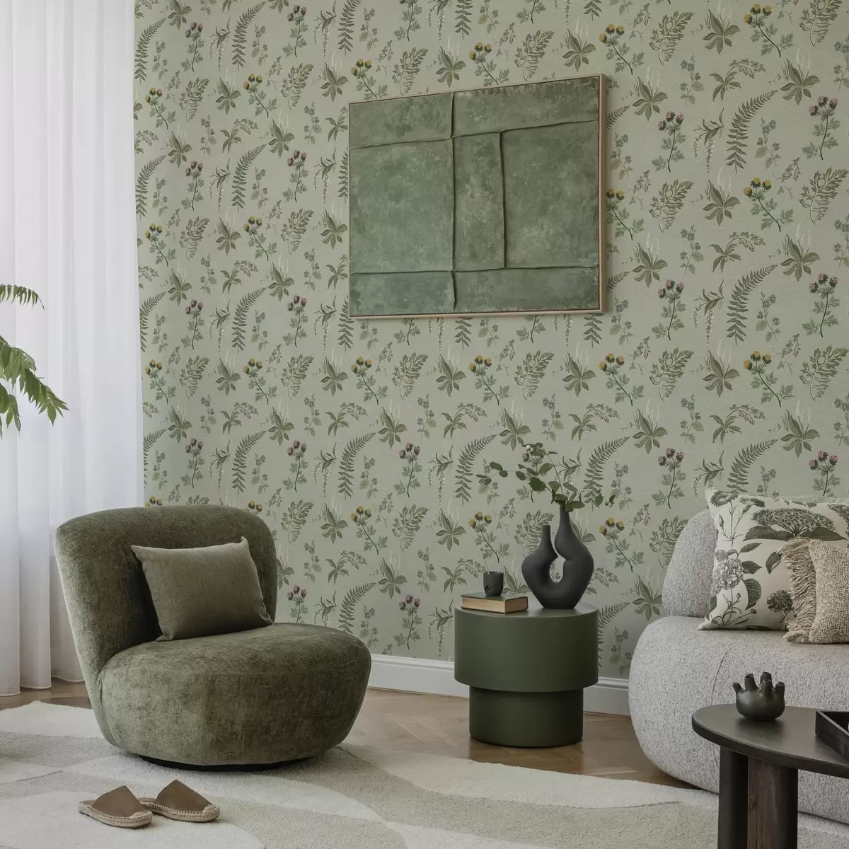 Wallpaper Botanical grasses and ferns on pale gray-green a00498