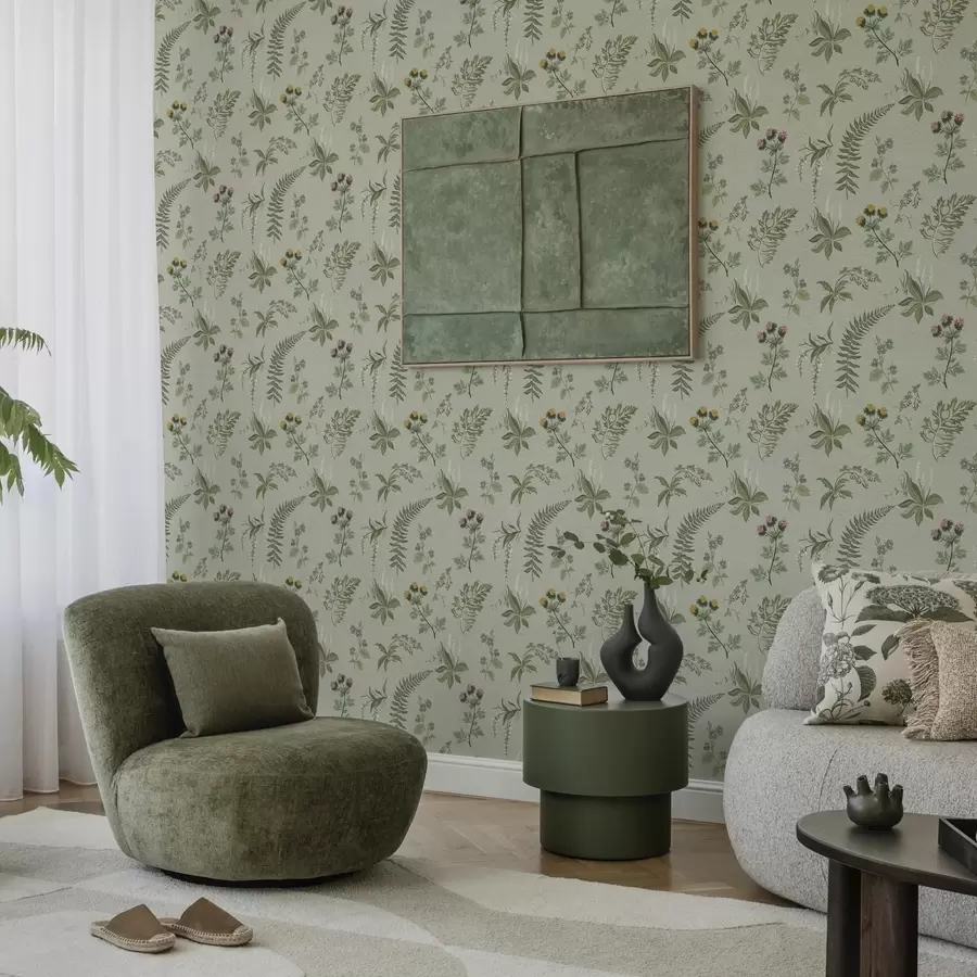 wall murals Botanical grasses and ferns on pale gray-green a00498