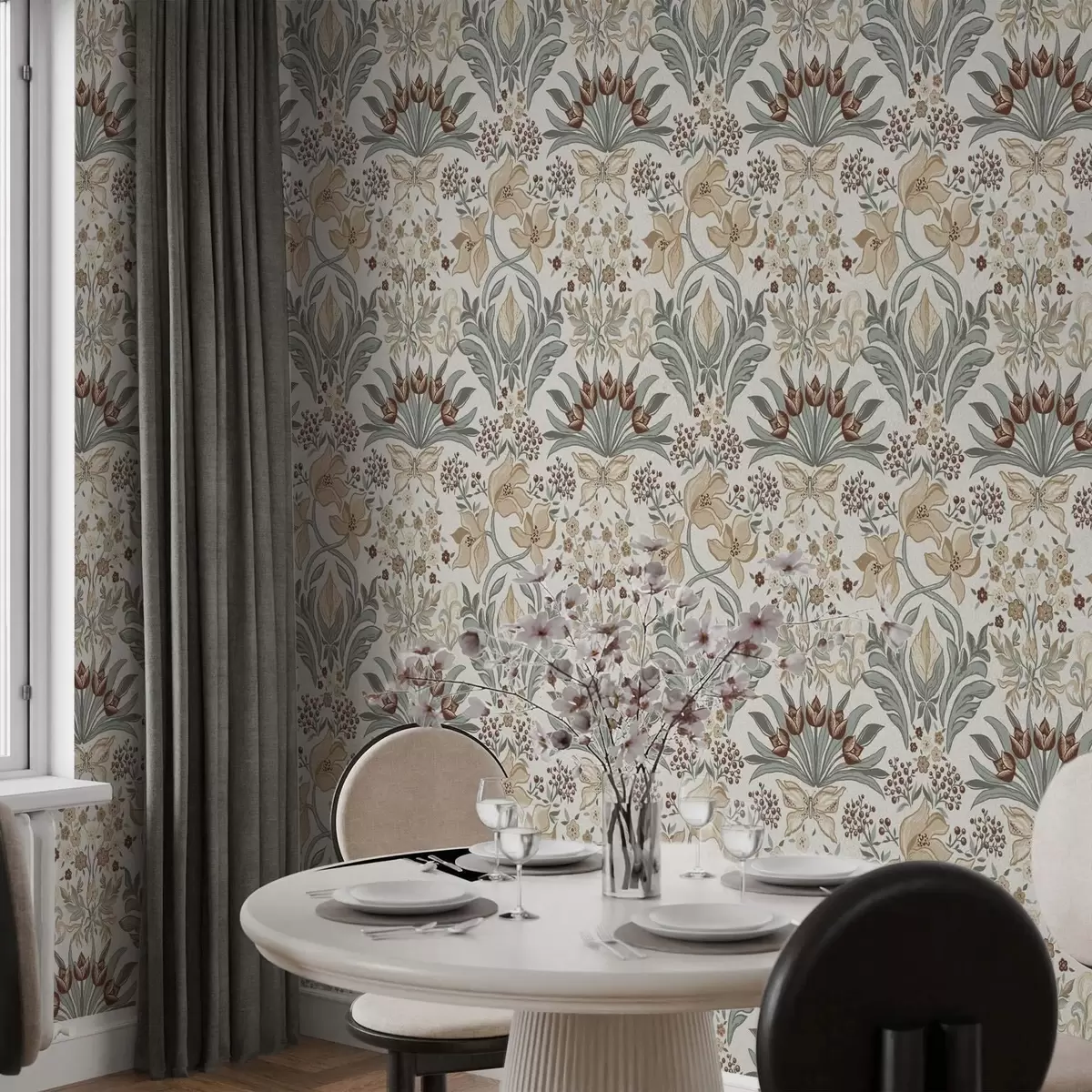 Wallpaper Decorative lilies and a butterfly on a cream background a00500