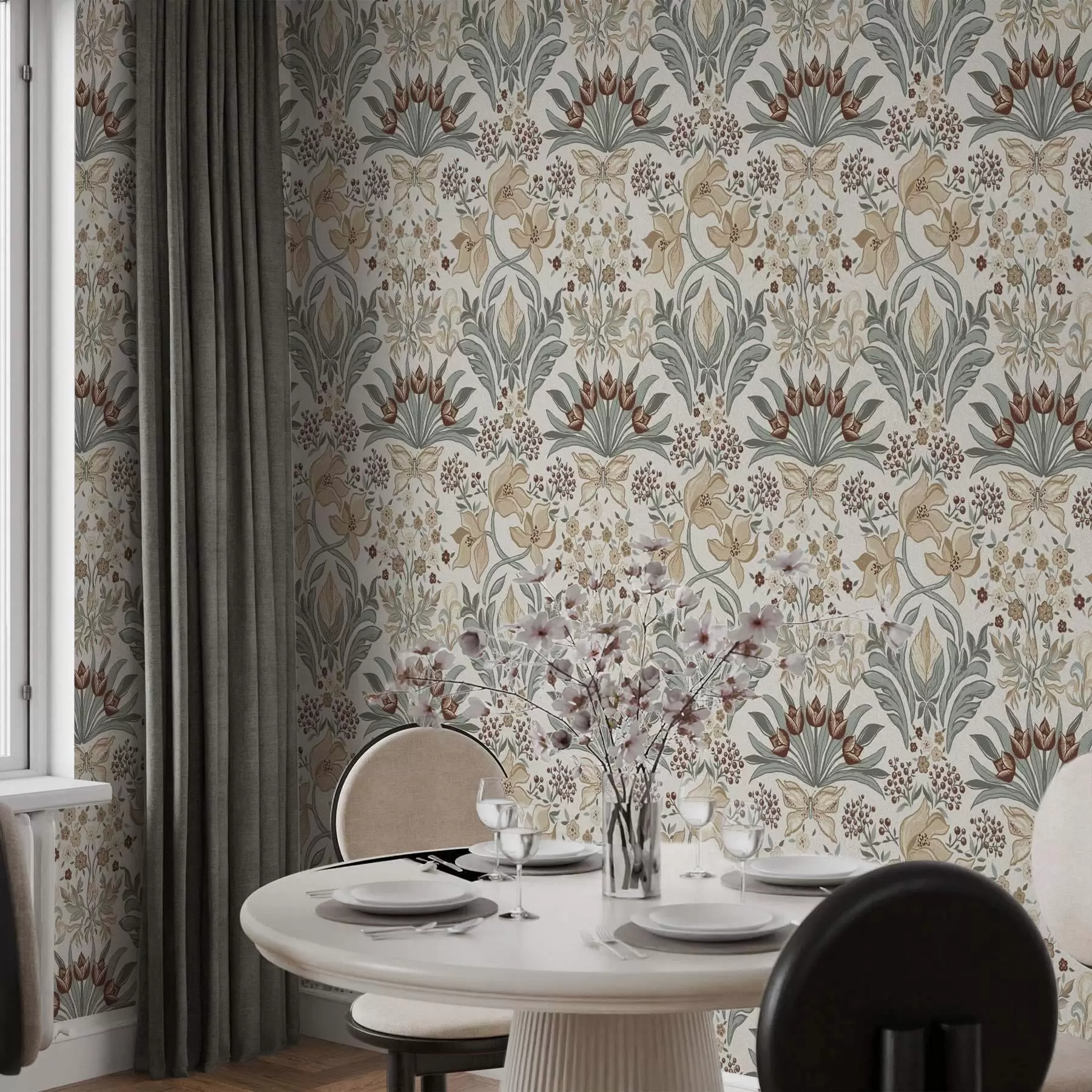 wall murals Decorative lilies and a butterfly on a cream background a00500