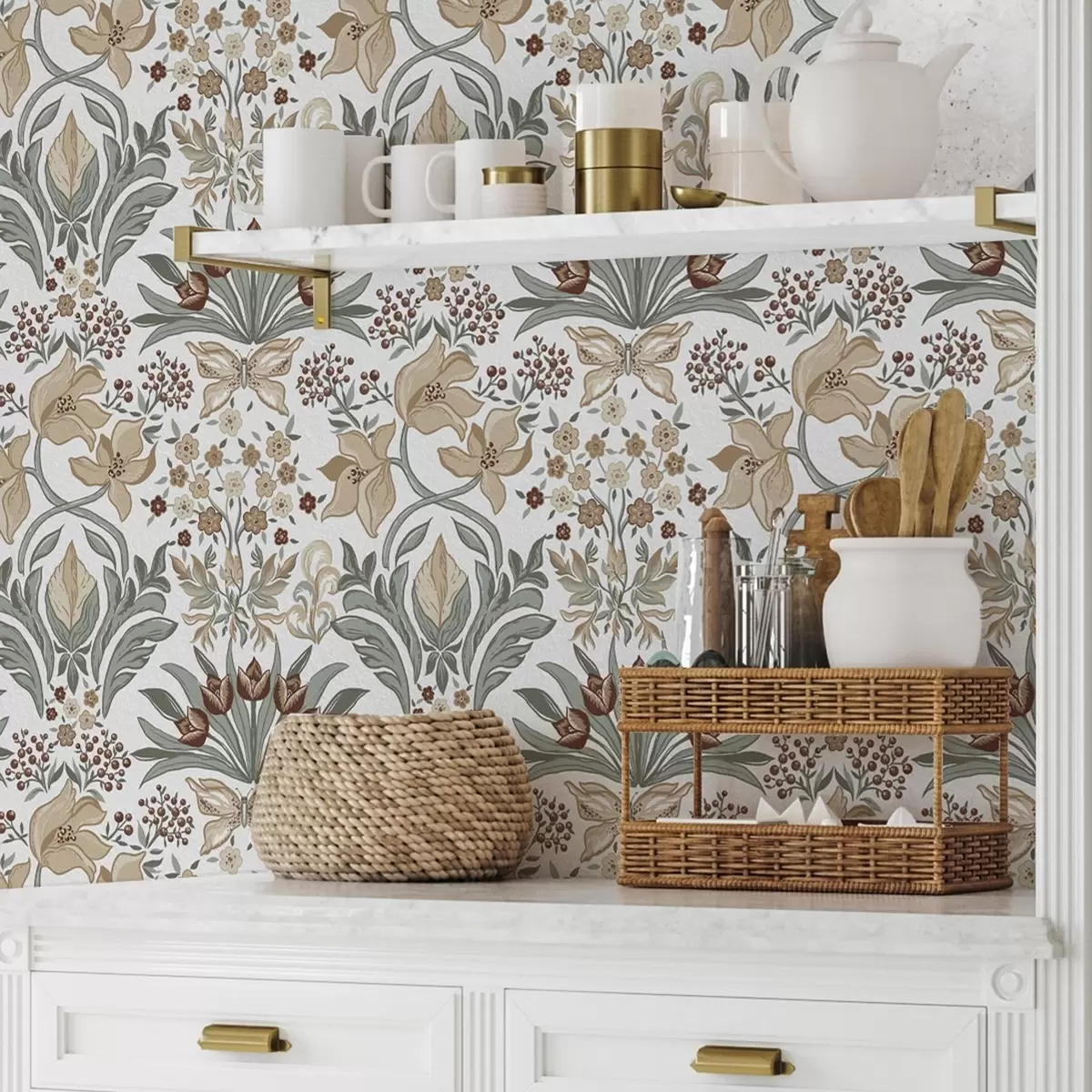 Wallpaper Decorative lilies and a butterfly on a white background a00500v1