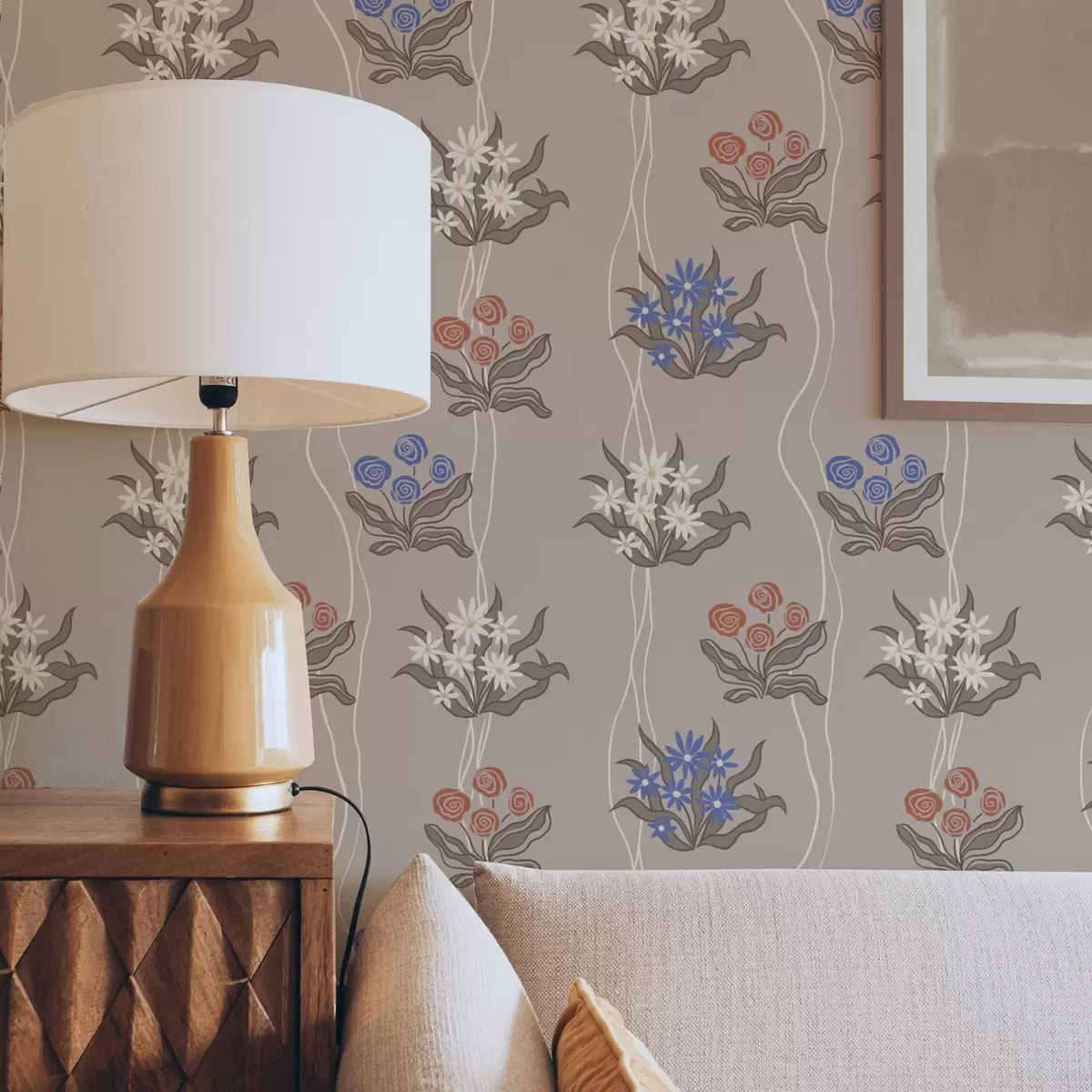 Wallpaper Retro flowers with wavy lines on warm beige a00503