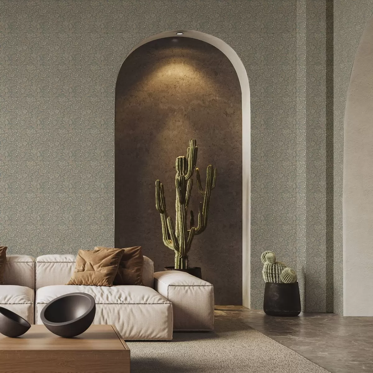 Wallpaper Morris style: beige branches on a gray-green background a00569