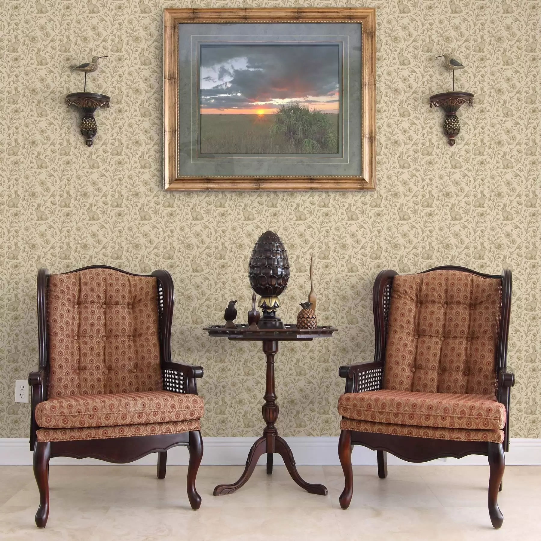 wall murals Rabbits and birds in a floral pattern a00571