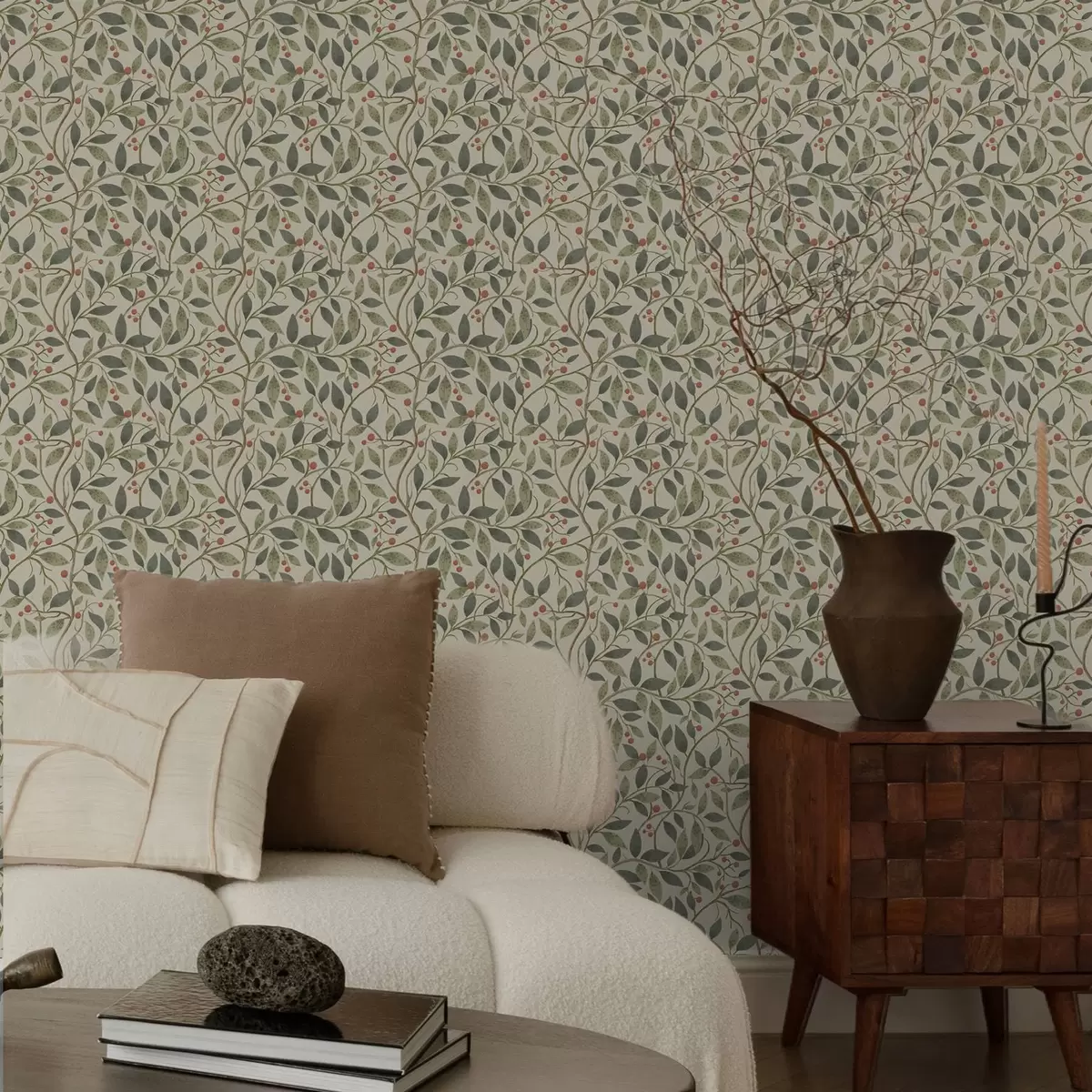 Wallpaper Olive branches with berries on a warm light ground a00573