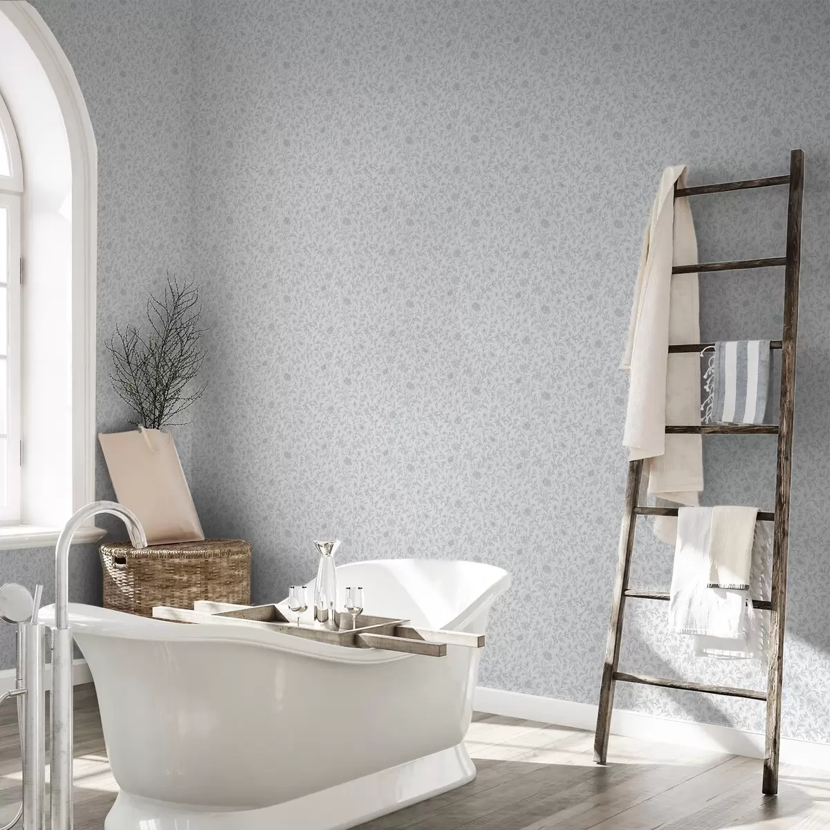 Wallpaper Fine blue line-art flowers on an off-white background a00576