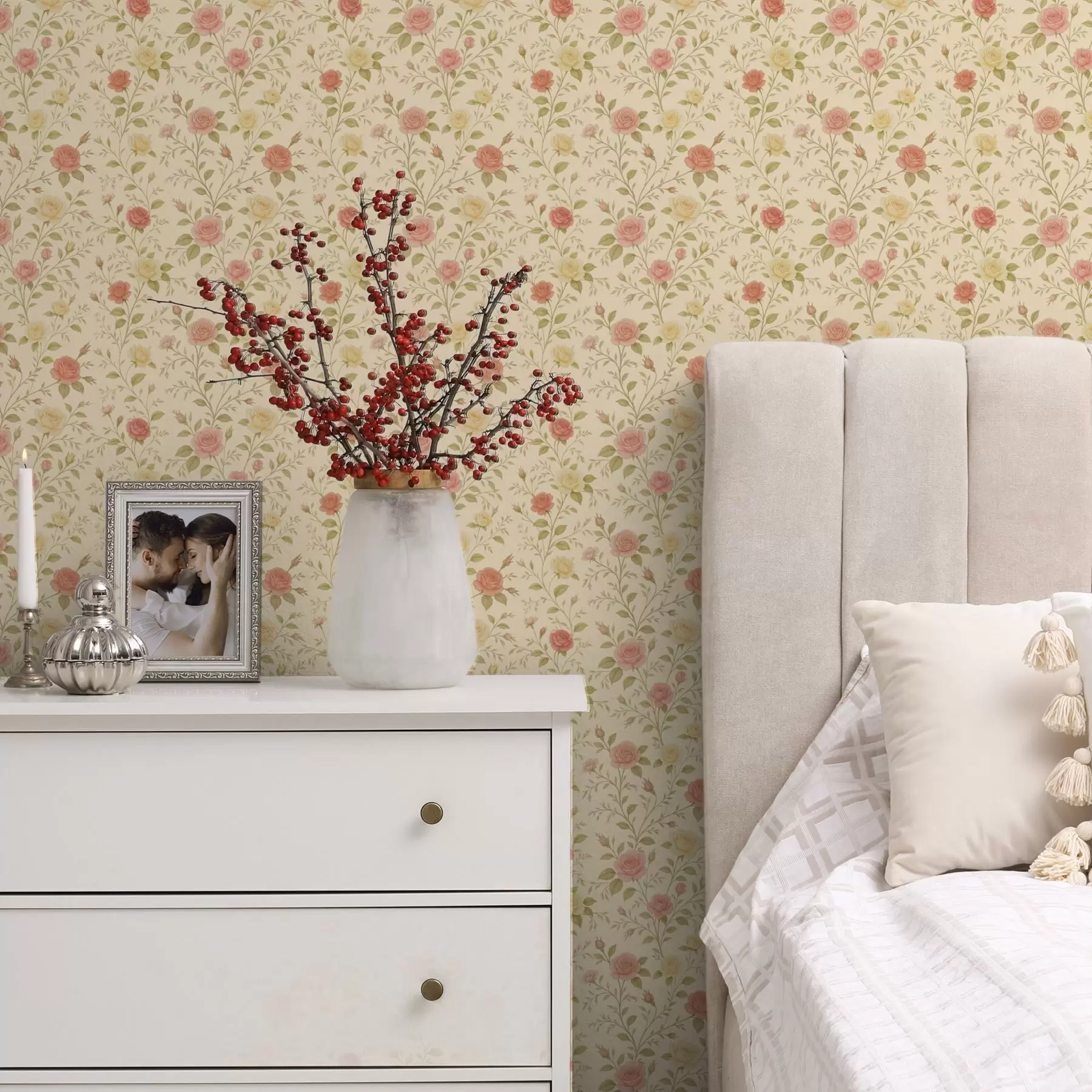 wall murals Vintage roses in peach and yellow on a cream background a00577