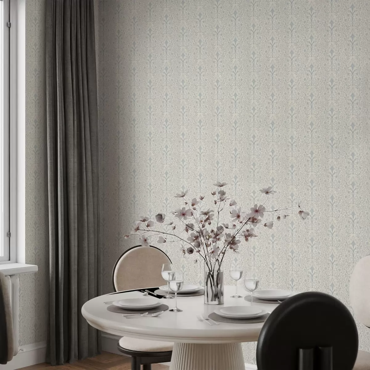 Wallpaper Blue damask with scrolls on a cream background a00578