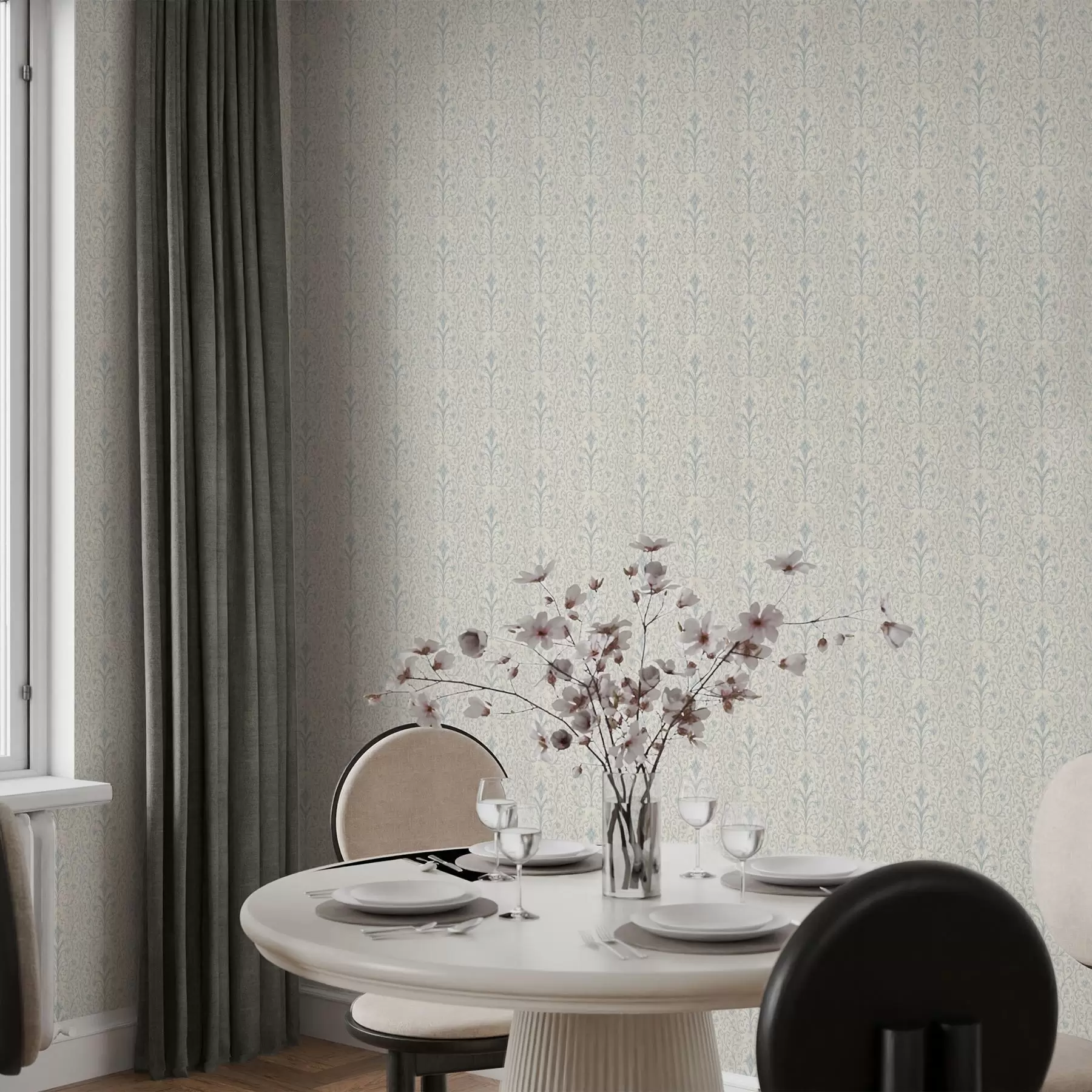 wall murals Blue damask with scrolls on a cream background a00578