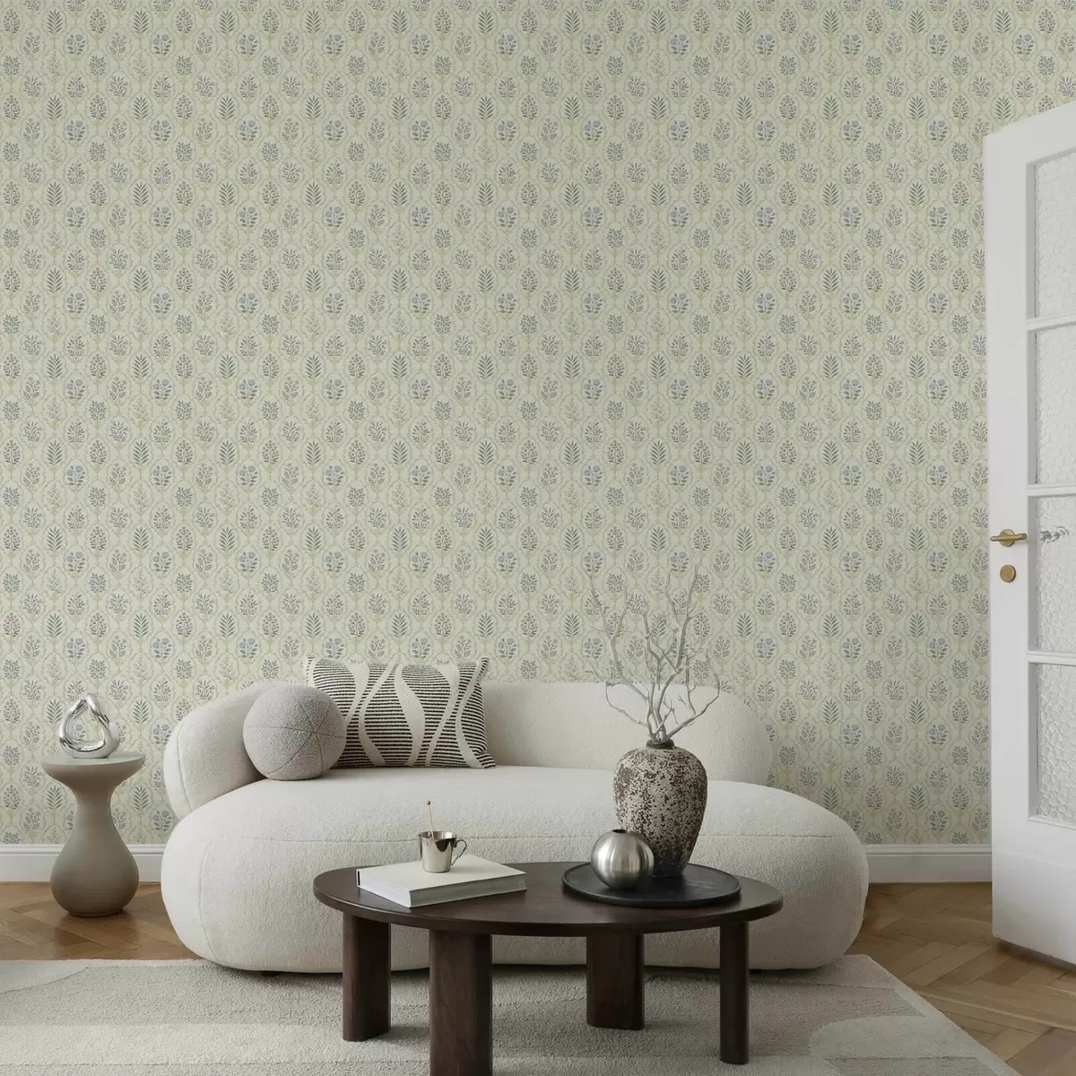 Wallpaper Botanical medallions in a lattice, pastel tones a00579