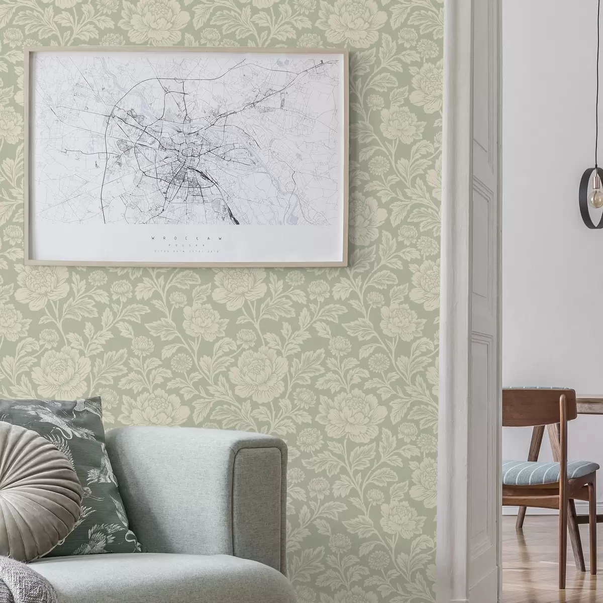 Wallpaper Large line-art peonies on a sage background a00582