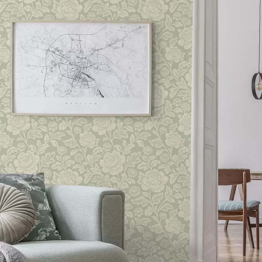 wall murals Large line-art peonies on a sage background a00582