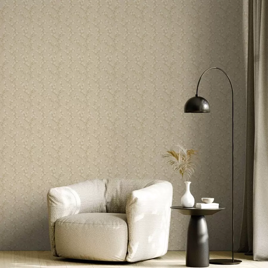 wall murals Small white sprigs on a beige linen background a00584