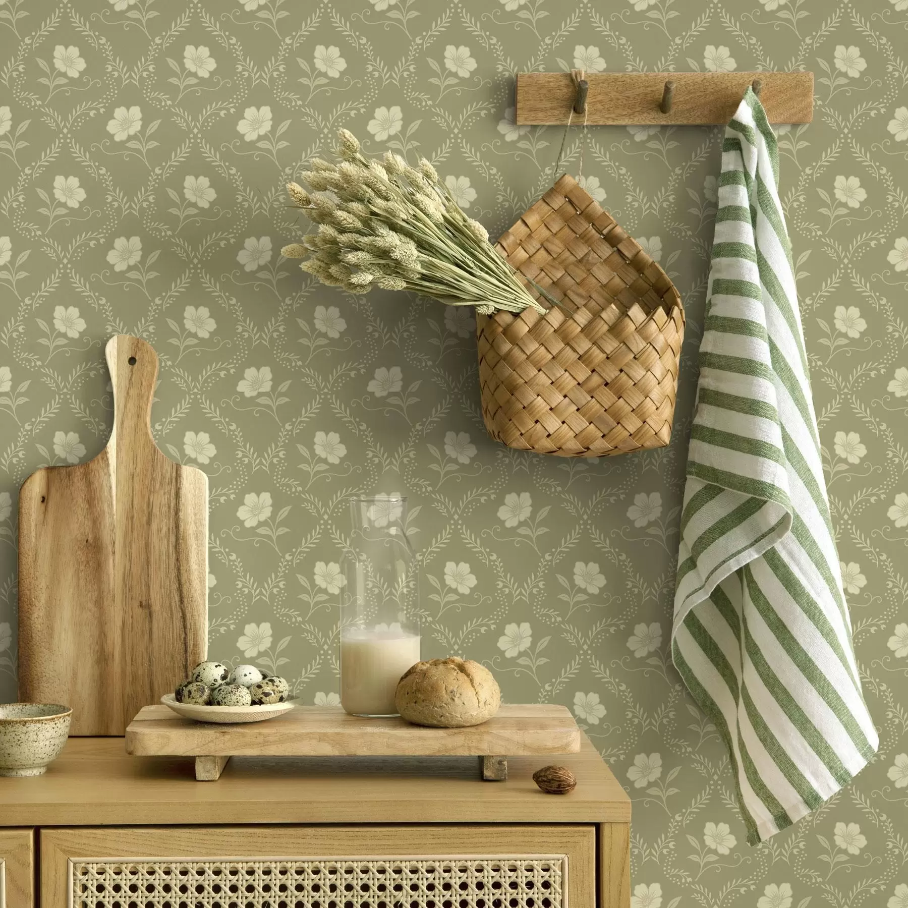 wall murals Olive trellis with cream flowers, retro ornament a00585