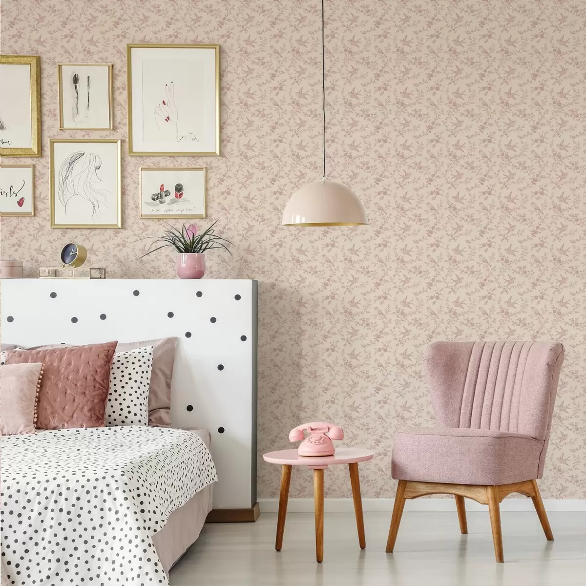 Wallpaper Birds and roses, vintage pattern on powder pink a00587