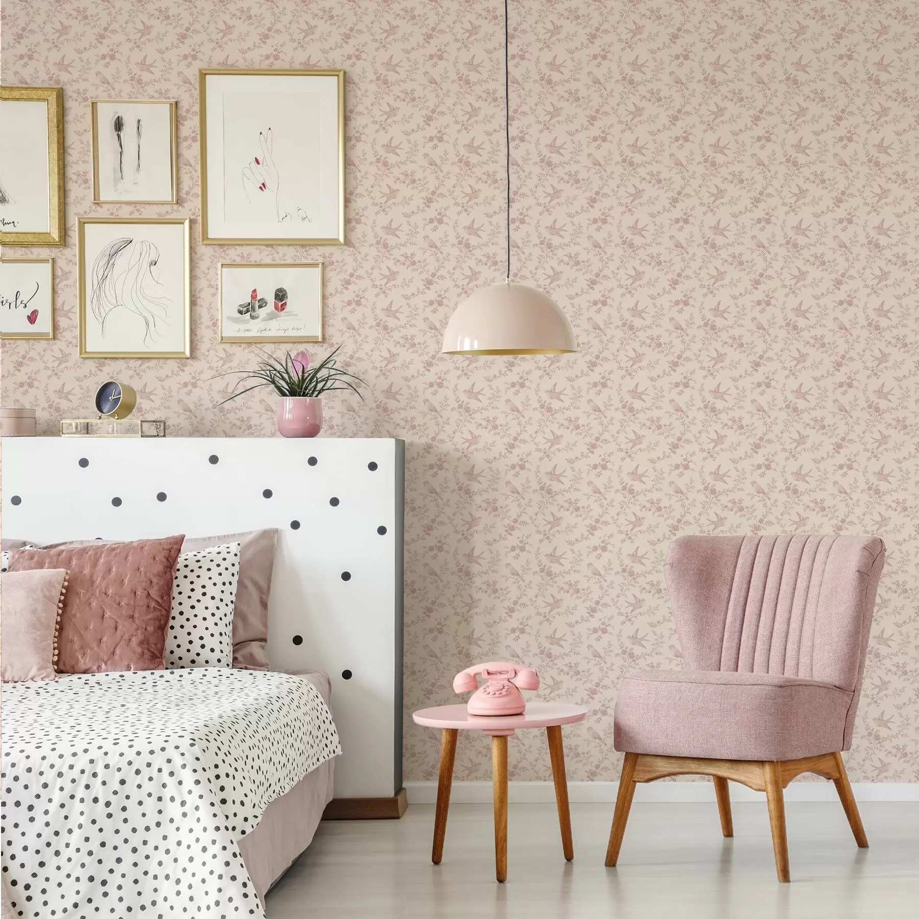 wall murals Birds and roses, vintage pattern on powder pink a00587