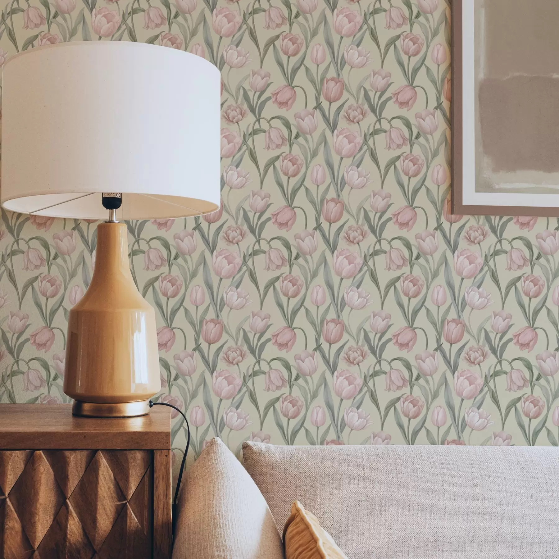 wall murals Soft pink tulips on a gentle beige background a00589