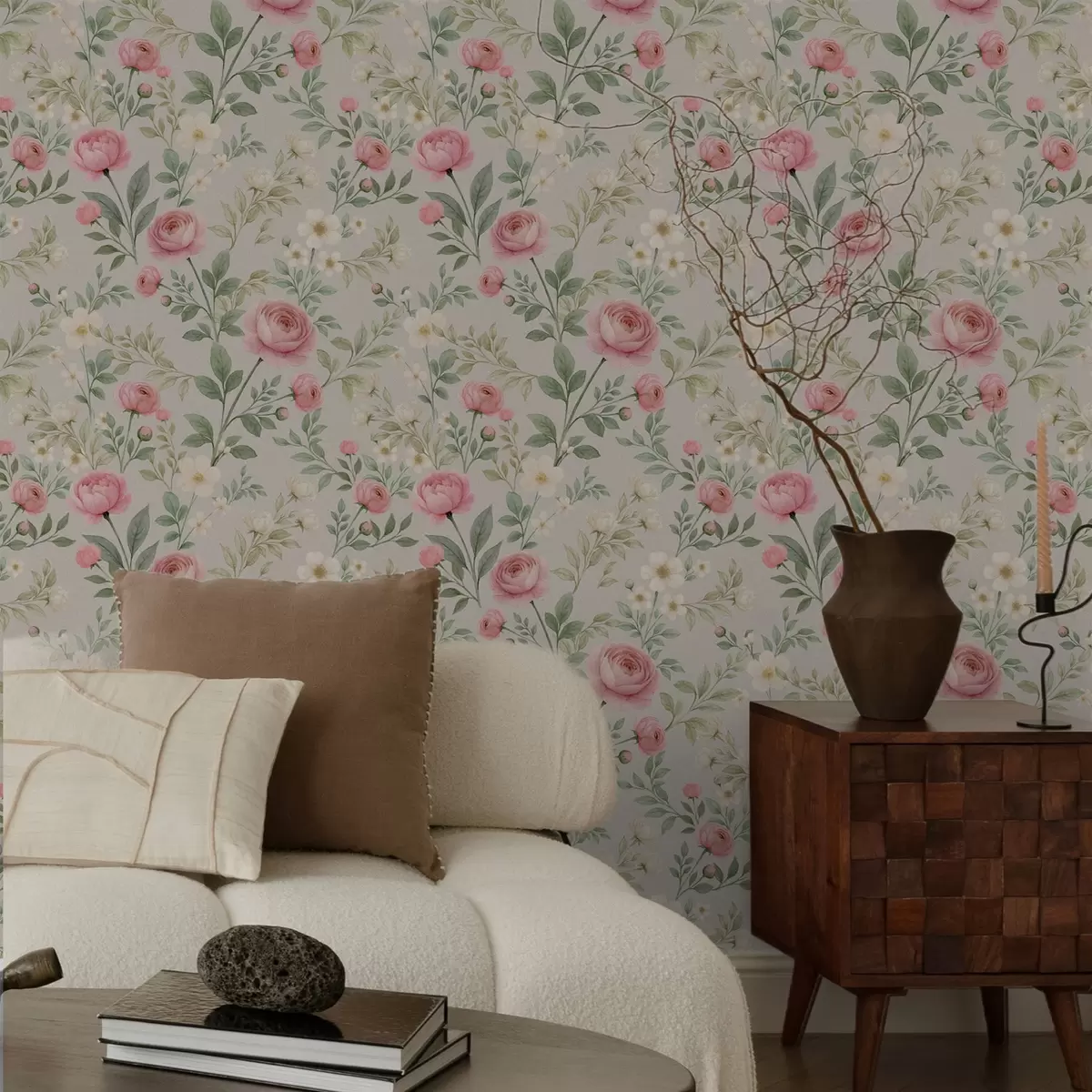 Wallpaper Watercolor peonies and white flowers on gray-beige a00592