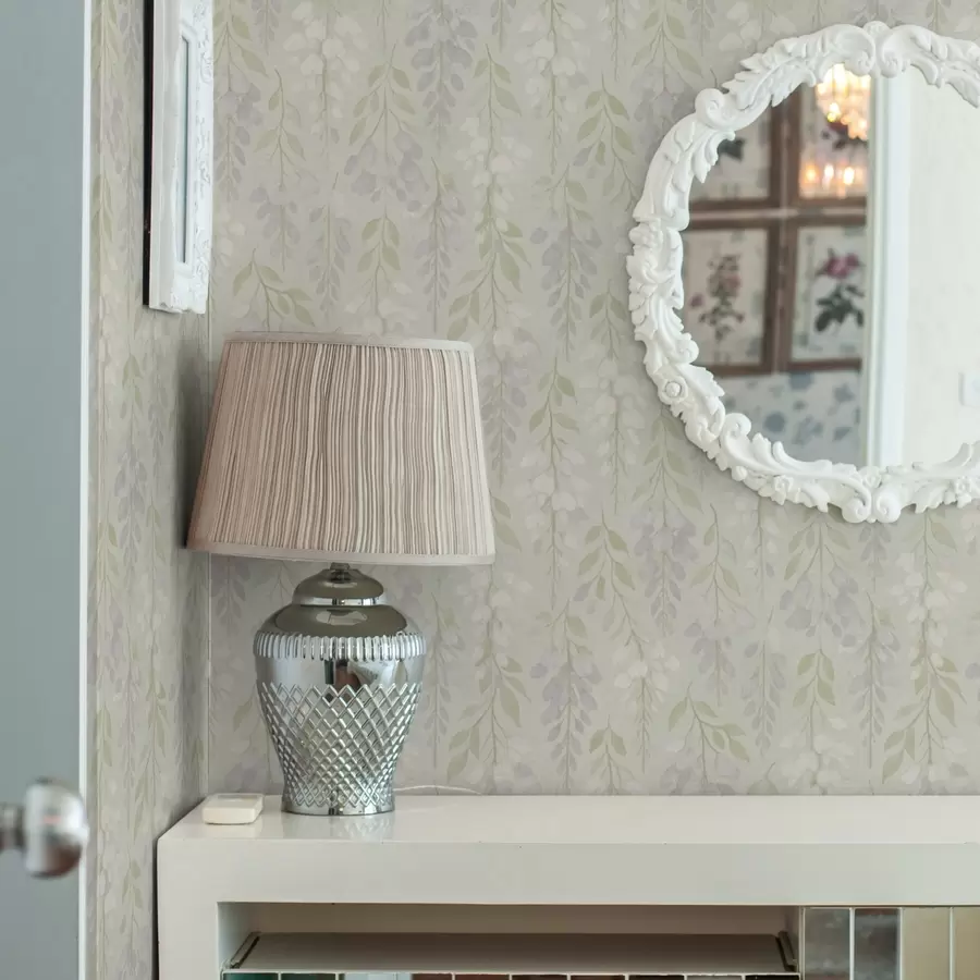 wall murals Trailing lavender wisteria on a mint-green background a00593