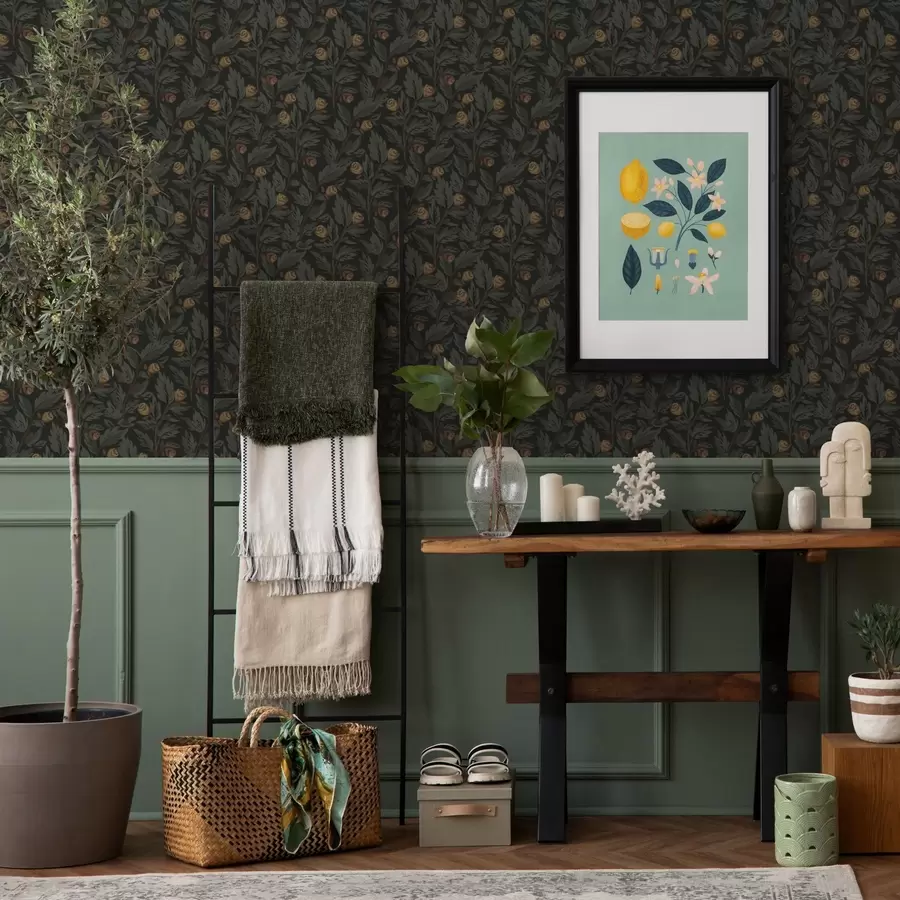 wall murals Dark floral pattern with yellow buds and leaves a00598