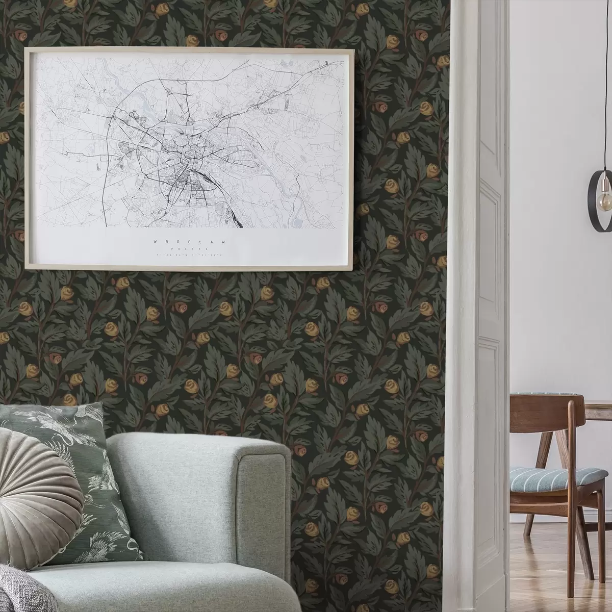 Wallpaper Dark floral pattern with yellow buds and leaves a00598