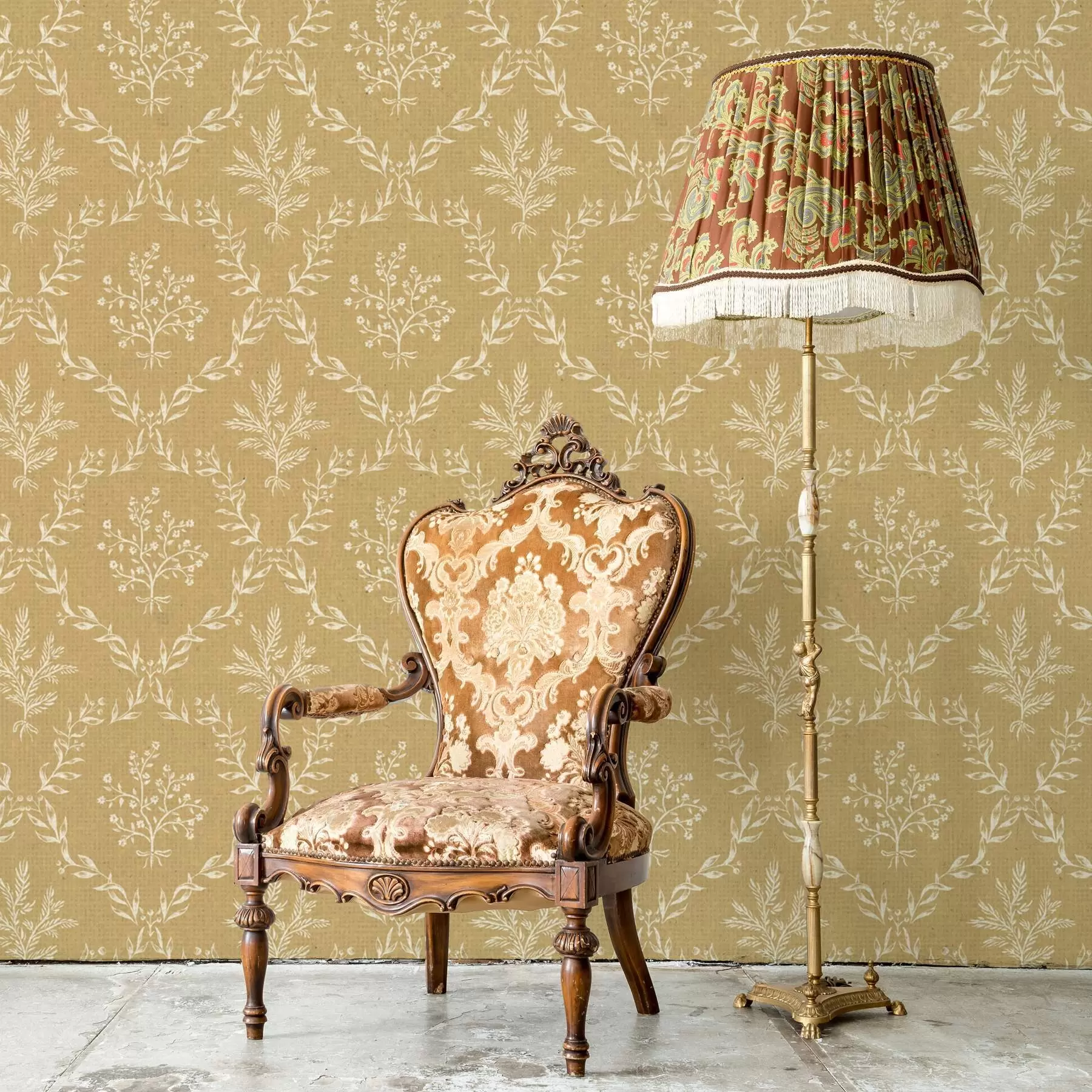 wall murals White wreaths of herbs and flowers on a mustard ground a00599