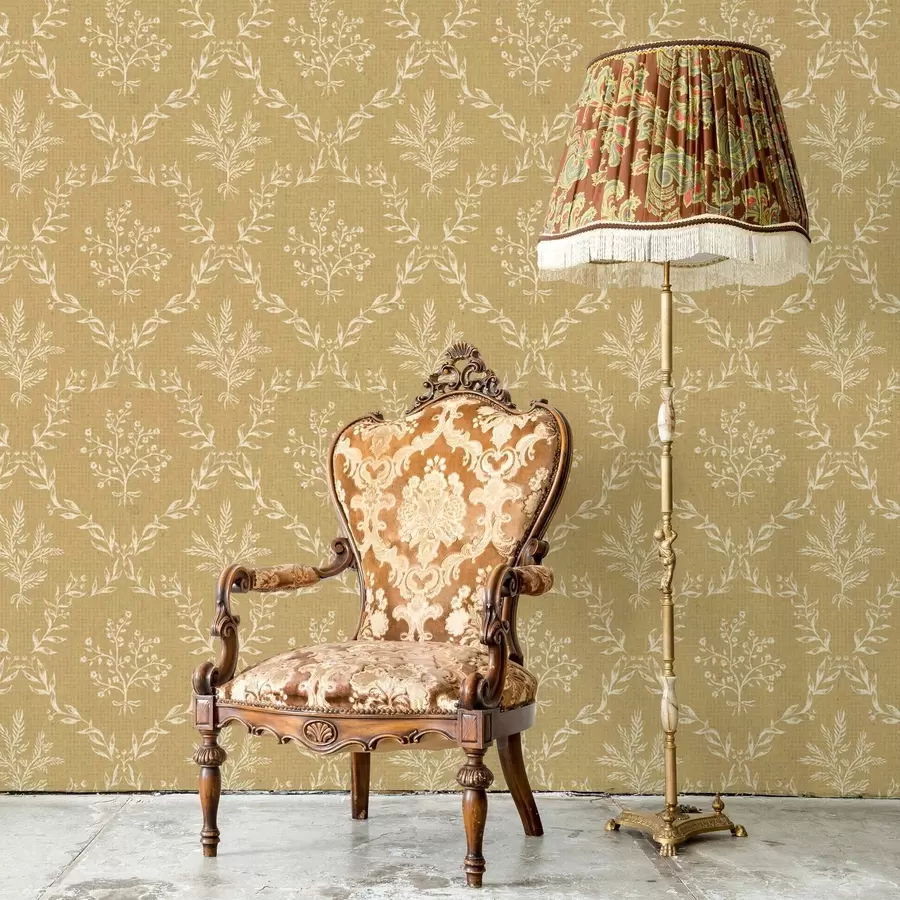 wall murals White wreaths of herbs and flowers on a mustard ground a00599