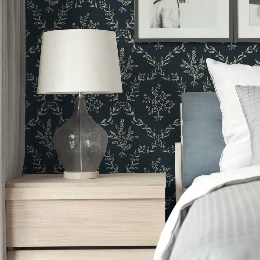 wall murals White herb-and-flower wreaths on dark teal a00599v2