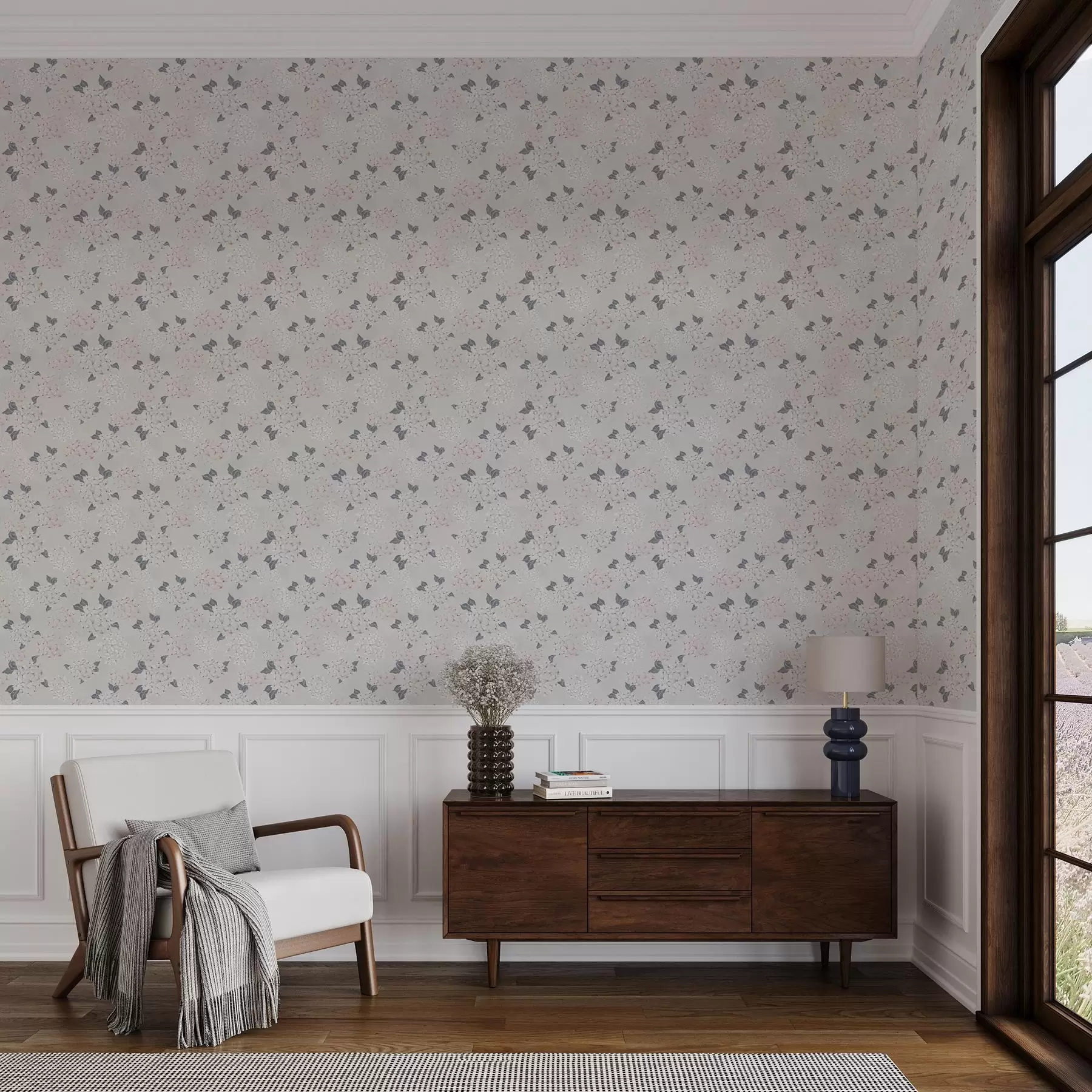 wall murals Airy blossoms on a light background, soft pink-gray tones a00600