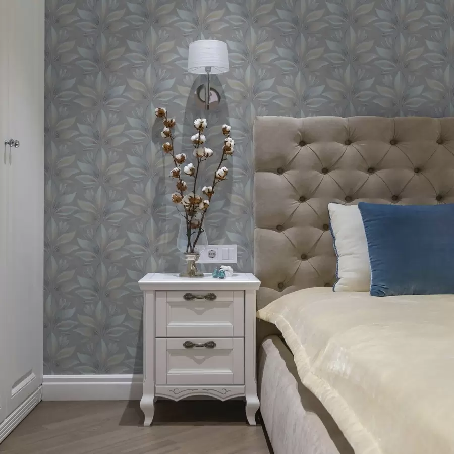 wall murals Large stylized leaves in a blue-sand palette on gray a00601