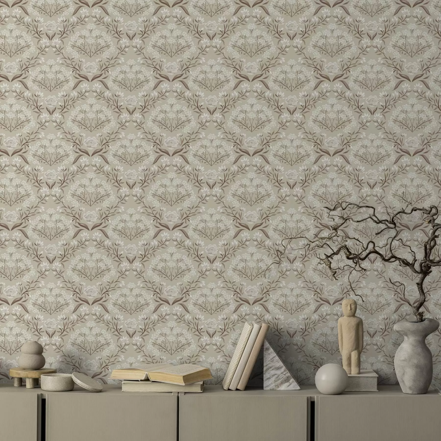 wall murals Beige damask: peonies, snowdrops and lacy clusters a00603v1