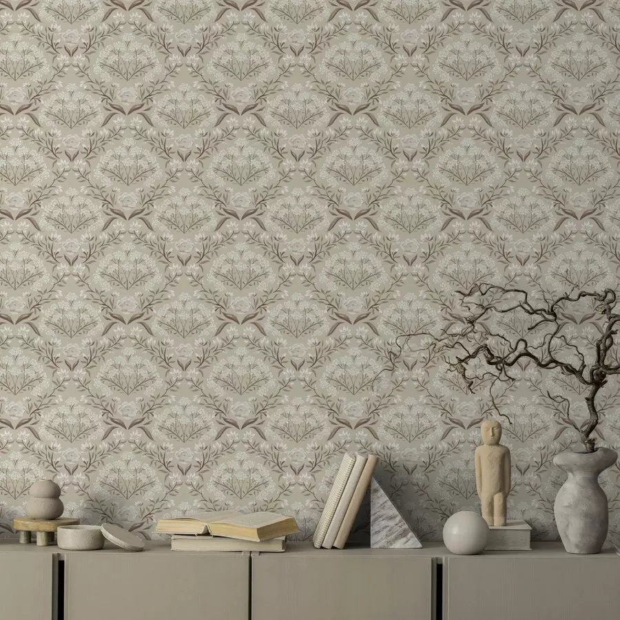 wall murals Beige damask: peonies, snowdrops and lacy clusters a00603v1