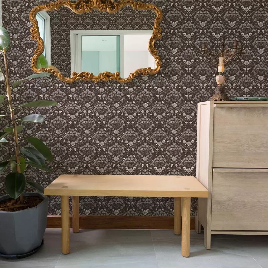 wall murals Dark chocolate damask with peonies and snowdrops a00603v2