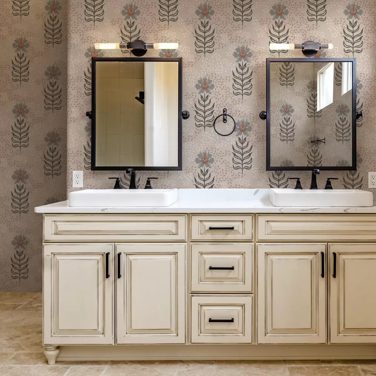 Wallpaper Stylized flowers and seeds on warm beige a00604