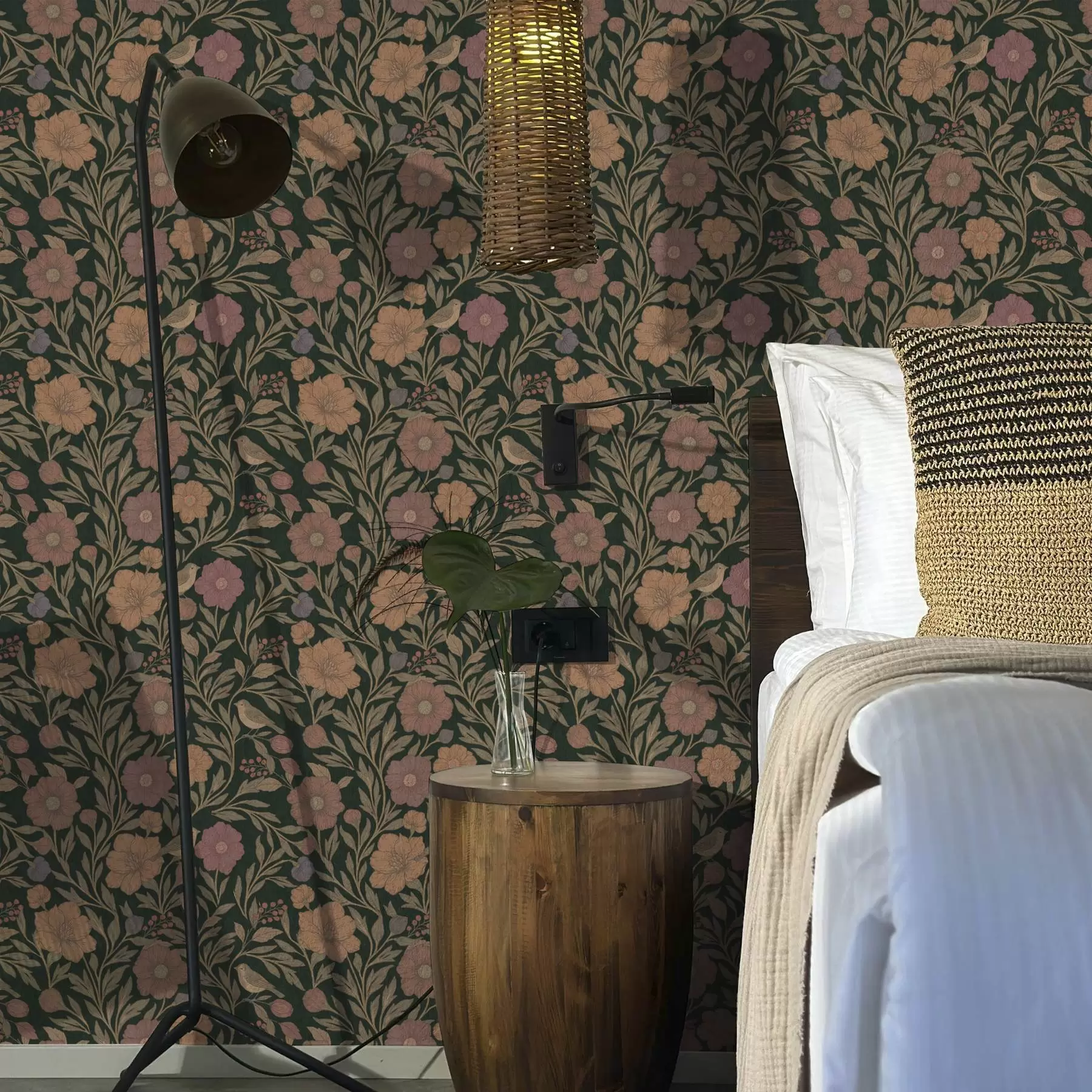 wall murals Autumn flowers and birds on deep emerald background a00605v1