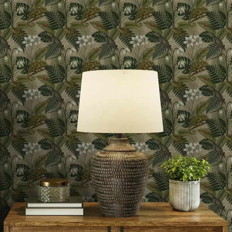 wall murals Chameleons and tropical leaves, white flowers, beige ground a00608