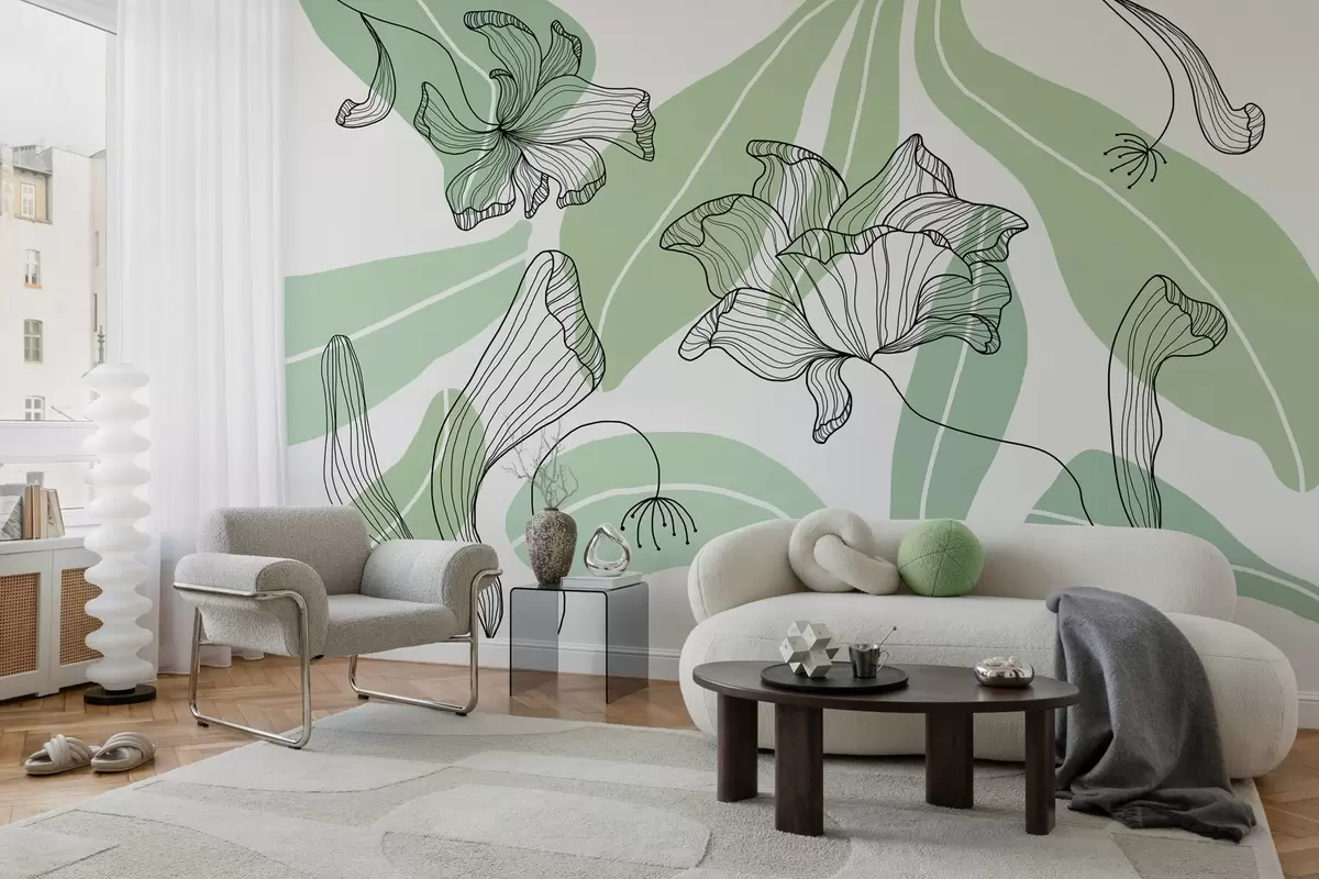 wall murals abstract leaves and flowers in green tones w04499v1