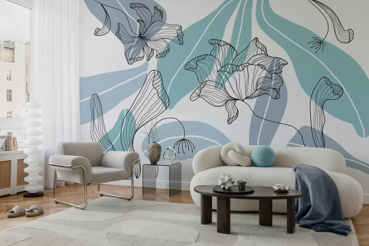 wall murals abstract leaves and flowers in blue tones w04499v2