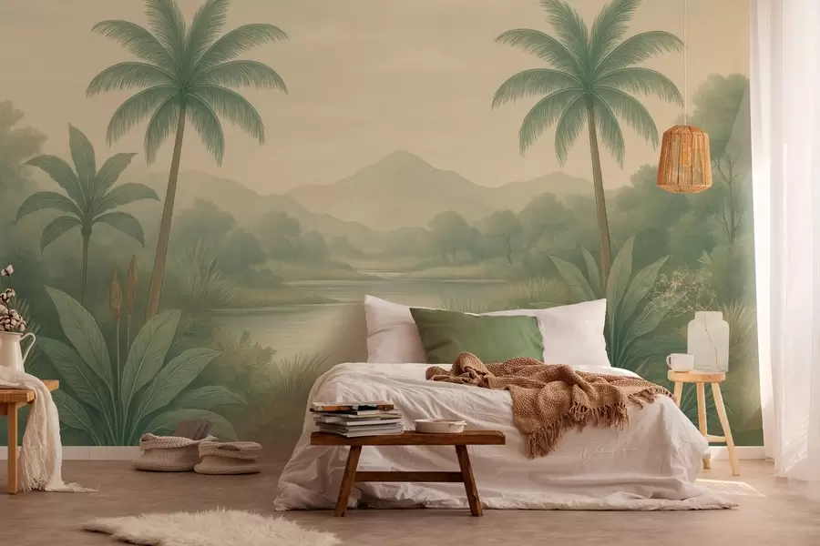 wall murals tropical landscape with palm trees and a river w04623