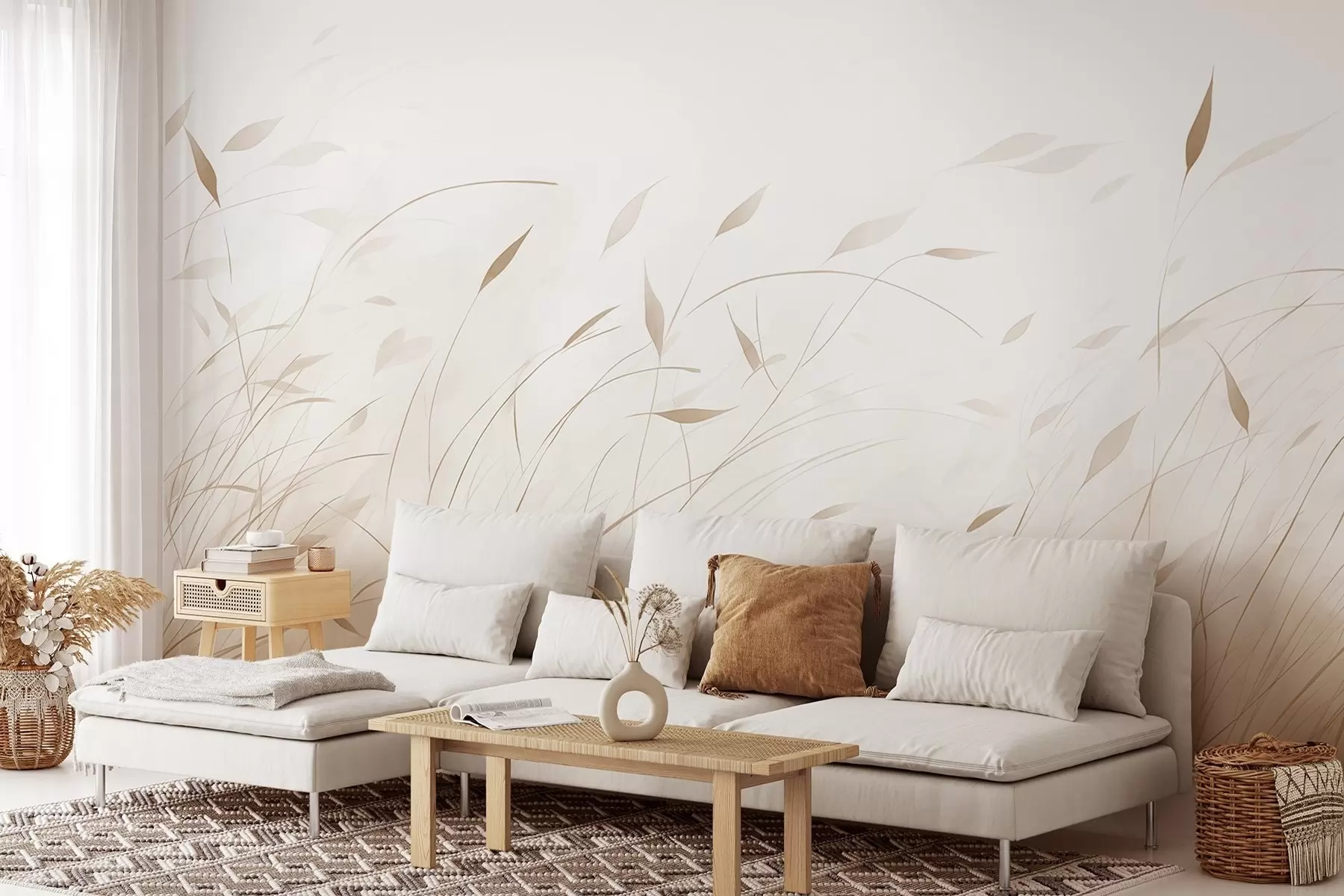 wall murals Grass in the wind in watercolor style in beige shades w09331v1