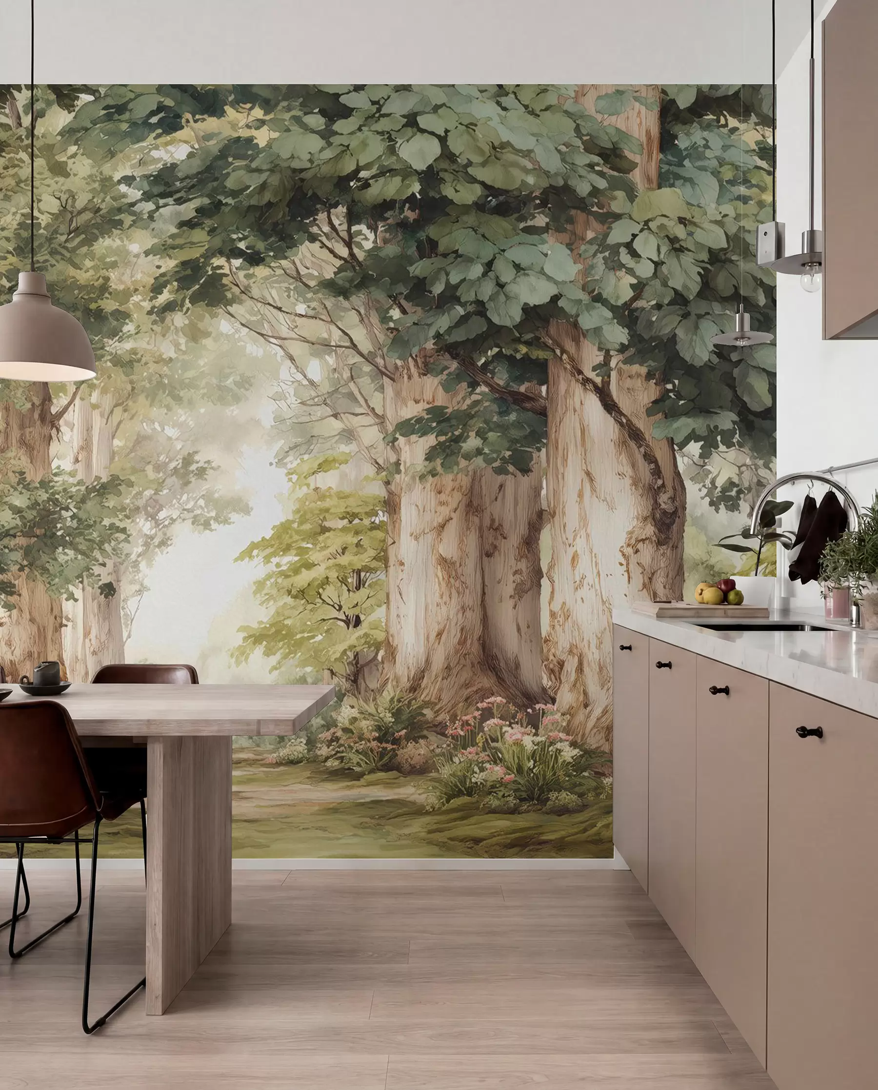 wall murals Forest path among majestic trees in watercolor style w09404