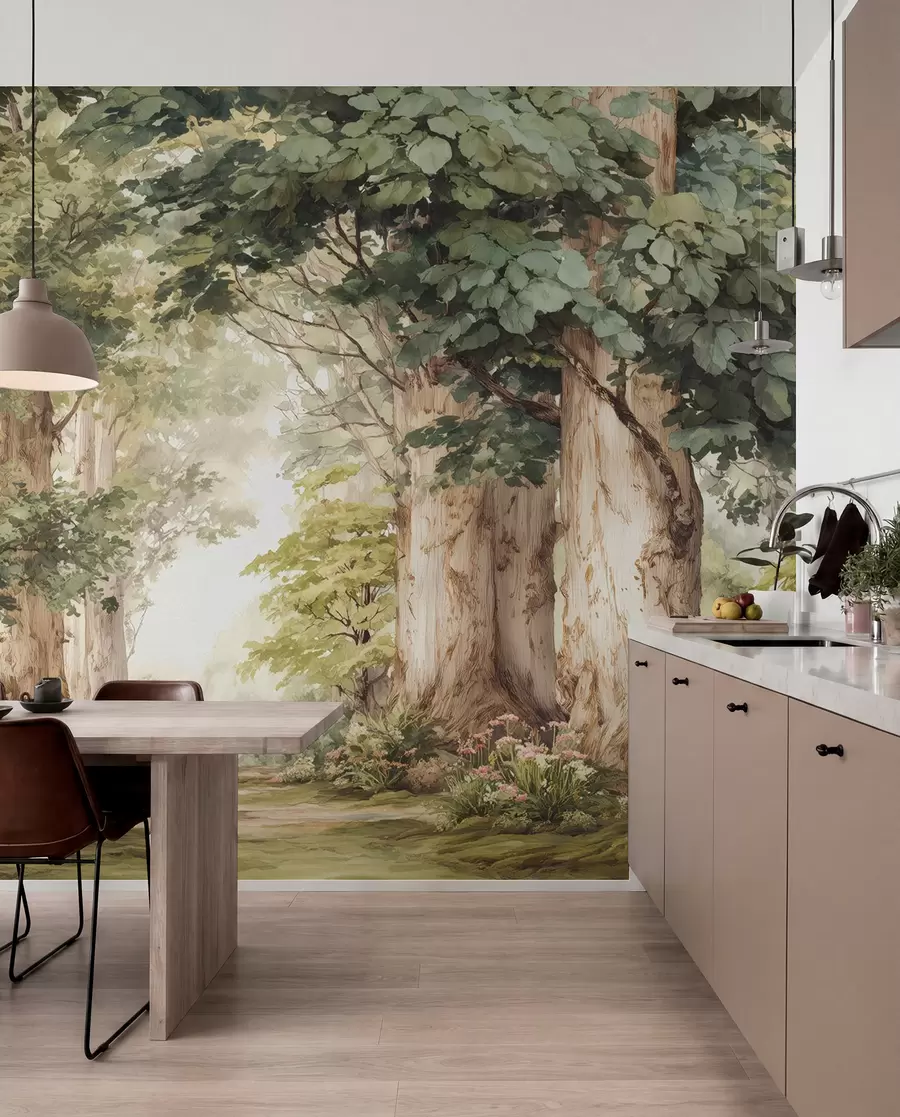 wall murals Forest path among majestic trees in watercolor style w09404