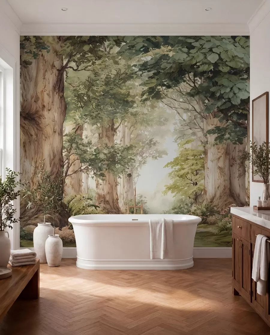 wall murals Forest path among majestic trees in watercolor style w09404