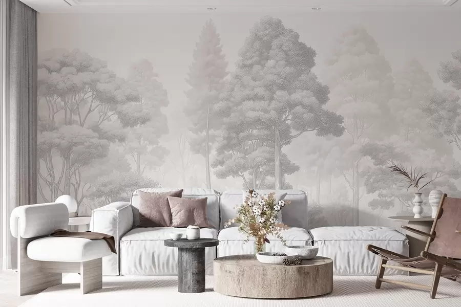 wall murals Artistic forest landscape in the technique of black-and-white graphic hatching w09411