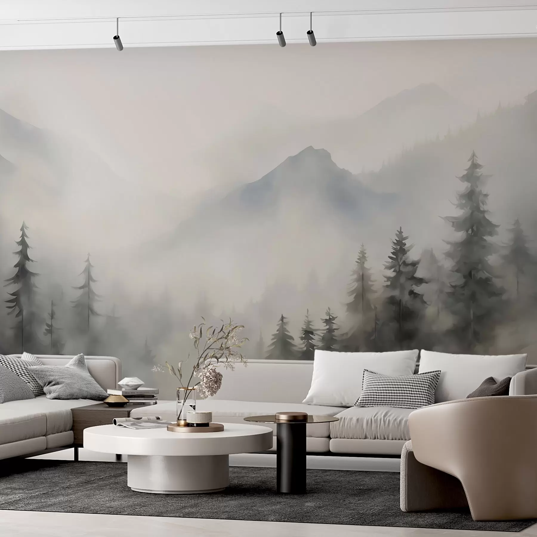wall murals Forest in the fog against the backdrop of mountains w04493