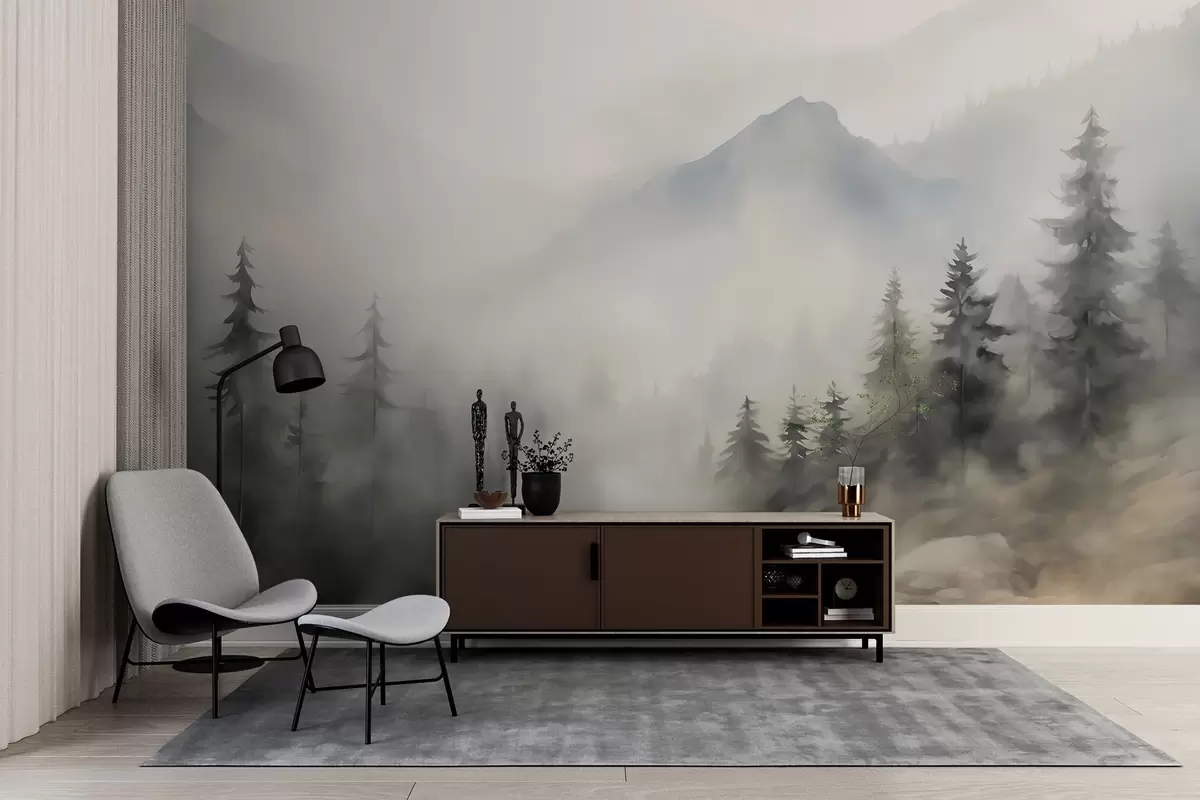 wall murals Forest in the fog against the backdrop of mountains w04493