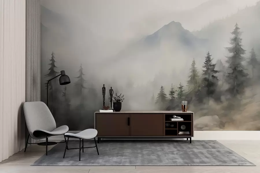 wall murals Forest in the fog against the backdrop of mountains w04493